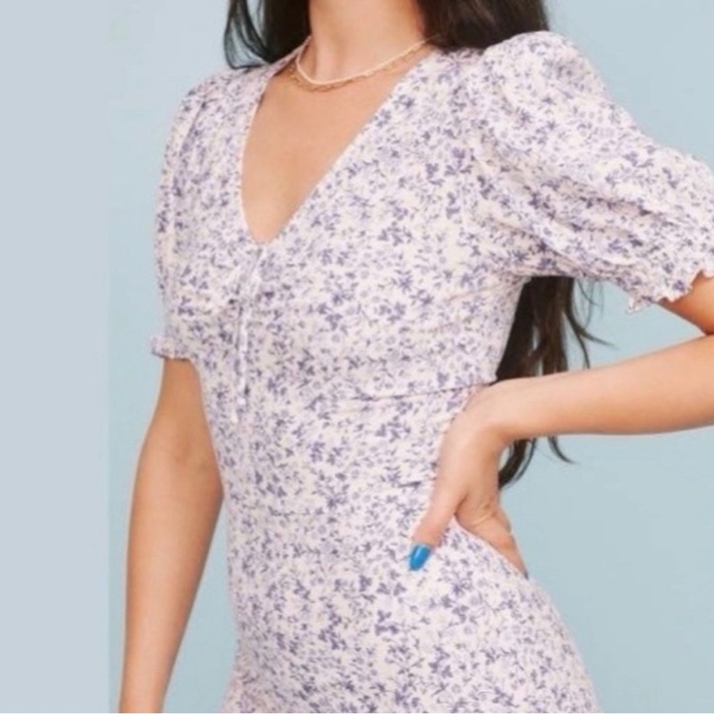 Reformation Trisha Floral White Blue Floral Puff Sleeve Dress